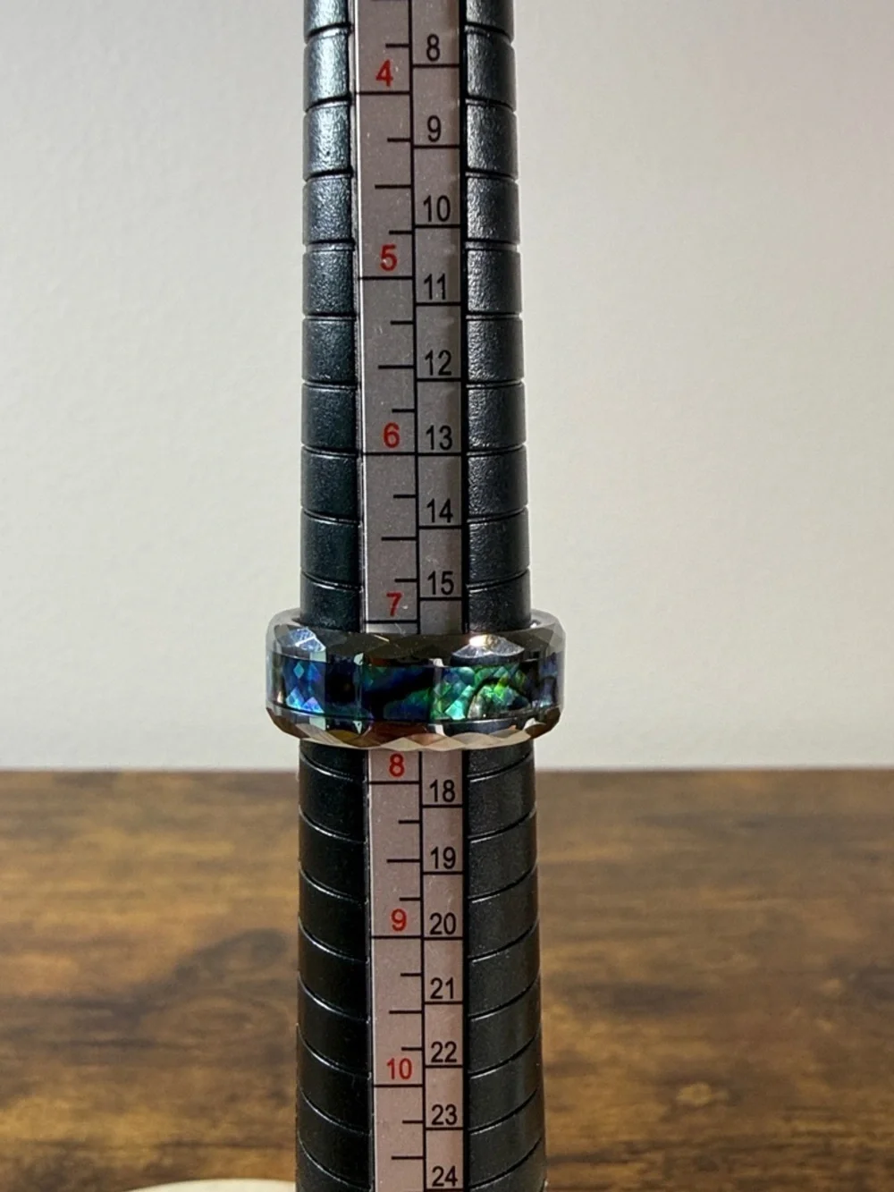 Tungsten Ring with Blue-Green Abalone Inlay, Size 7.75”